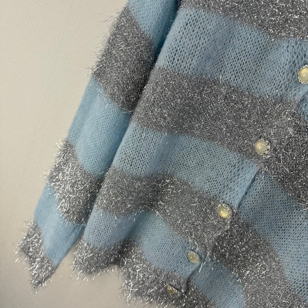 CC 26C Knit Long-Sleeve Cardigan Blue Grey Stripes Wool Acrylic Nylon 349042