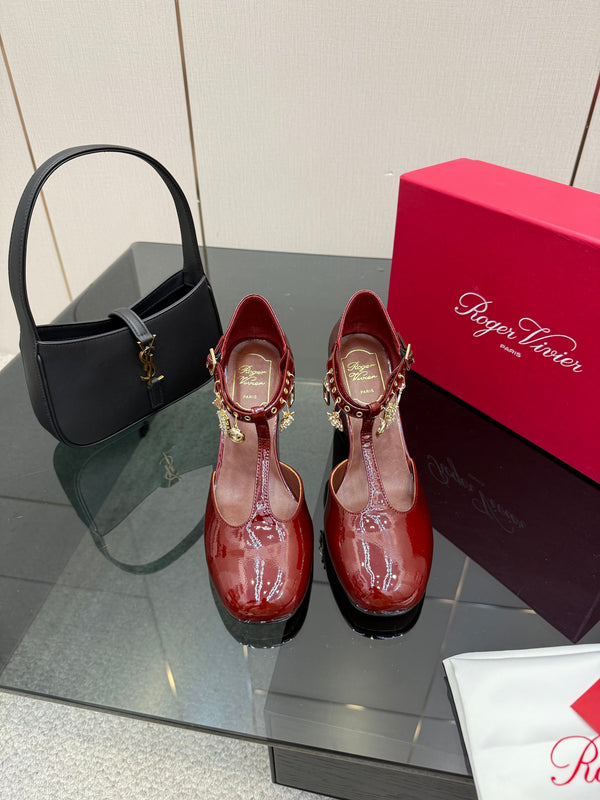 RV 26WF New T-Strap Rhinestone Strap Sandals 7cm Burgundy Patent Leather 629889