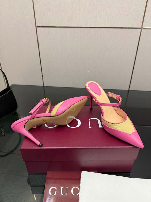 GG Pointed-Toe Mules 9.5cm Pink Cowhide 725304