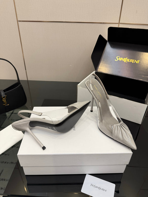YSL Chica Slingback 10.5cm Grey Leather 828242