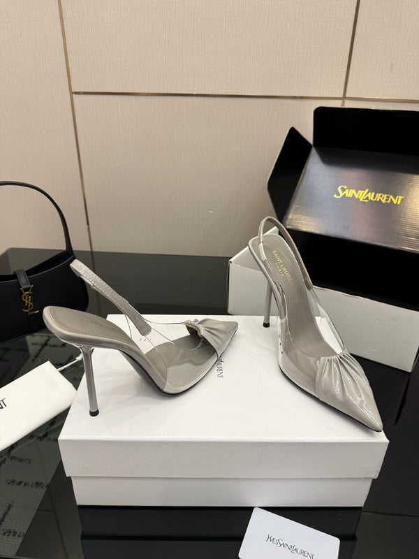 YSL Chica Slingback 10.5cm Grey Leather 828242