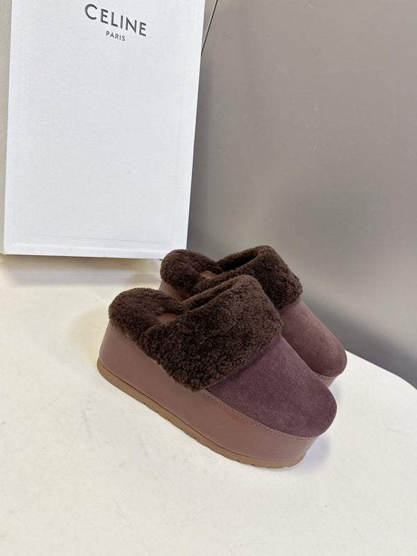 CL 26s Wedge Mules In Plum Brown Suede And Wool
