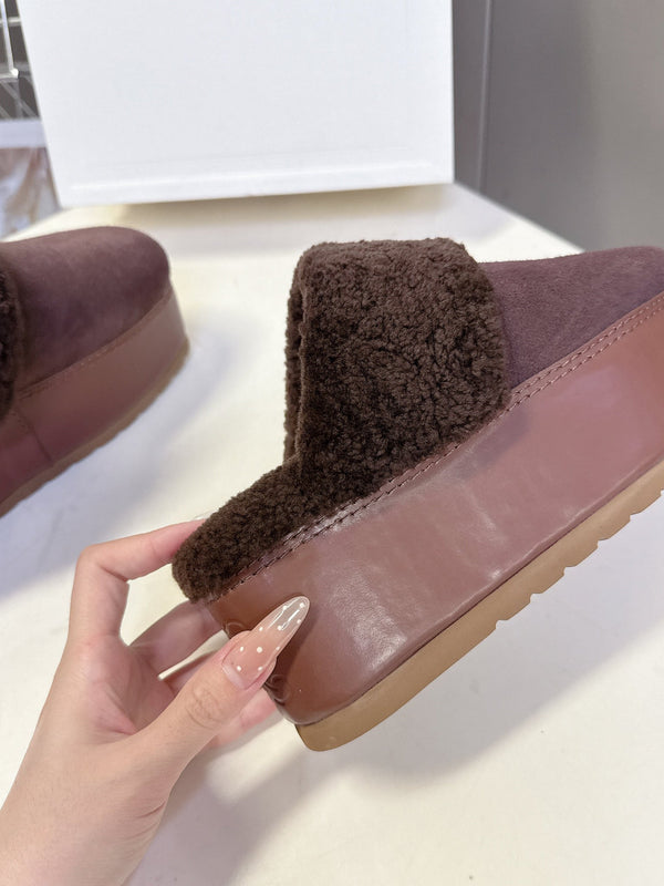 CL 26s Wedge Mules In Plum Brown Suede And Wool