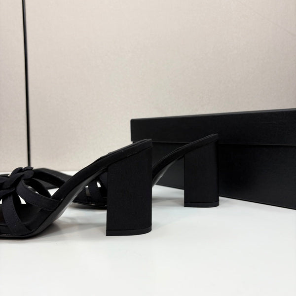 CC 25 Camellia Open Heel Mule Sandals 90mm Black Sheepskin And Fabric 368841