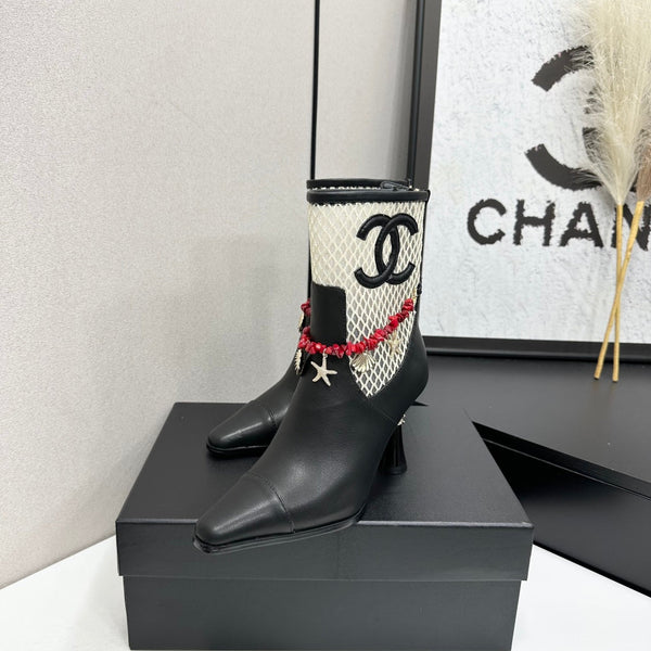 CC 26s Ankle Boots Seashell Charms Black White Mesh Leather 944675