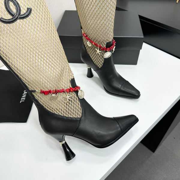 CC 26s Knee-High Boots Seashell Charms Black Beige Mesh Leather 944678