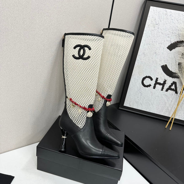 CC 26s Knee-High Boots Seashell Charms White Black Mesh Leather 944680