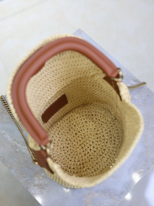 Prada Gaby Bucket 17cm Brown Beige Raffia Leather GHW