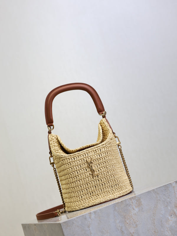 Prada Gaby Bucket 17cm Brown Beige Raffia Leather GHW