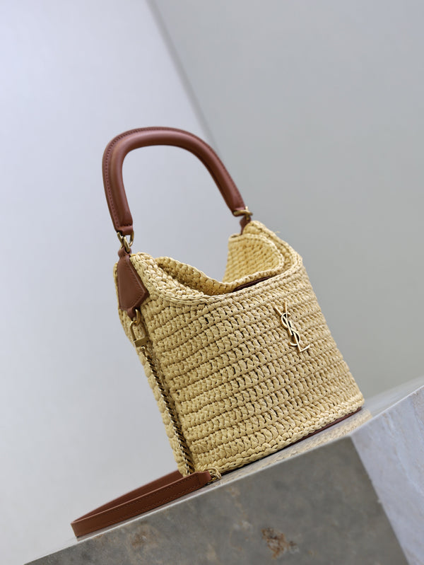 Prada Gaby Bucket 17cm Brown Beige Raffia Leather GHW