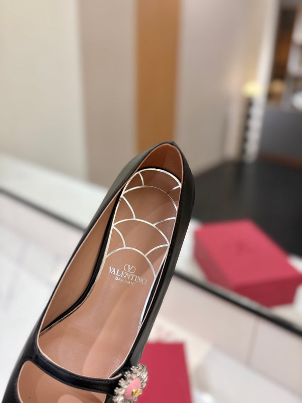 VLTN 26s Mary Jane Flats In Black Calfskin With Crystal Flower