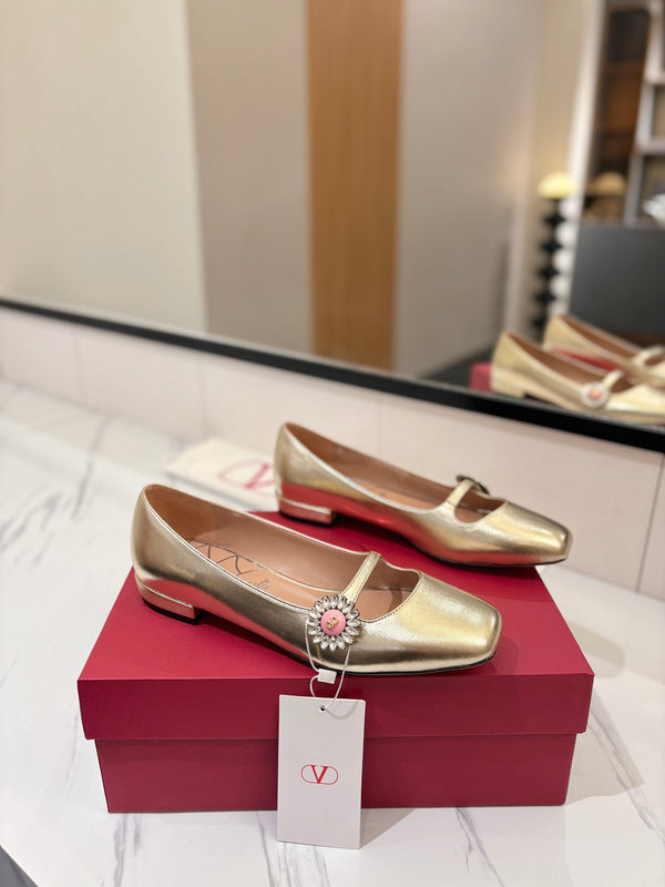 VLTN 26s Mary Jane Flats In Metallic Gold Calfskin With Crystal Flower