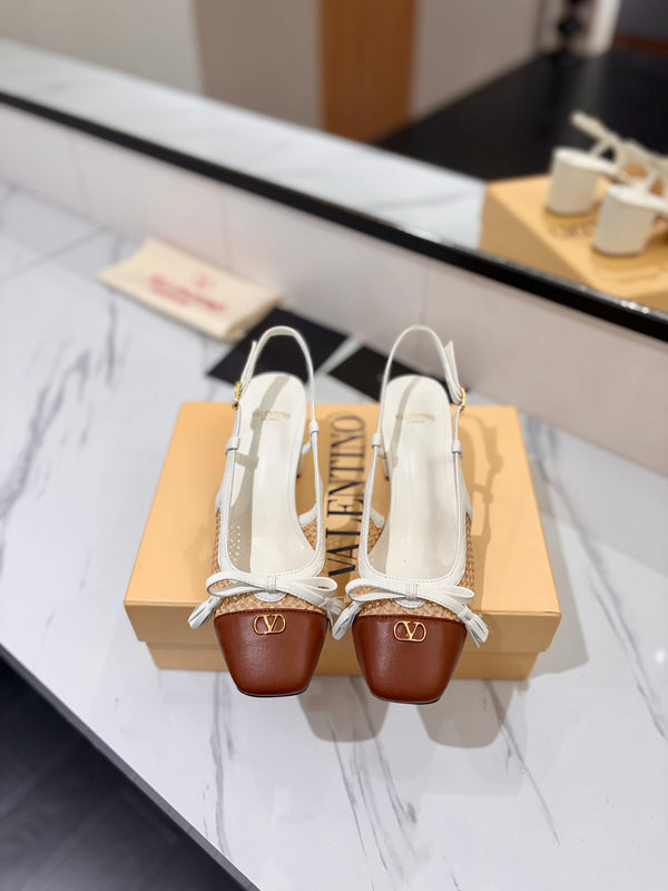 VLTN 26s Valet Du Roi Slingback 6cm White Brown Raffia Leather 985451