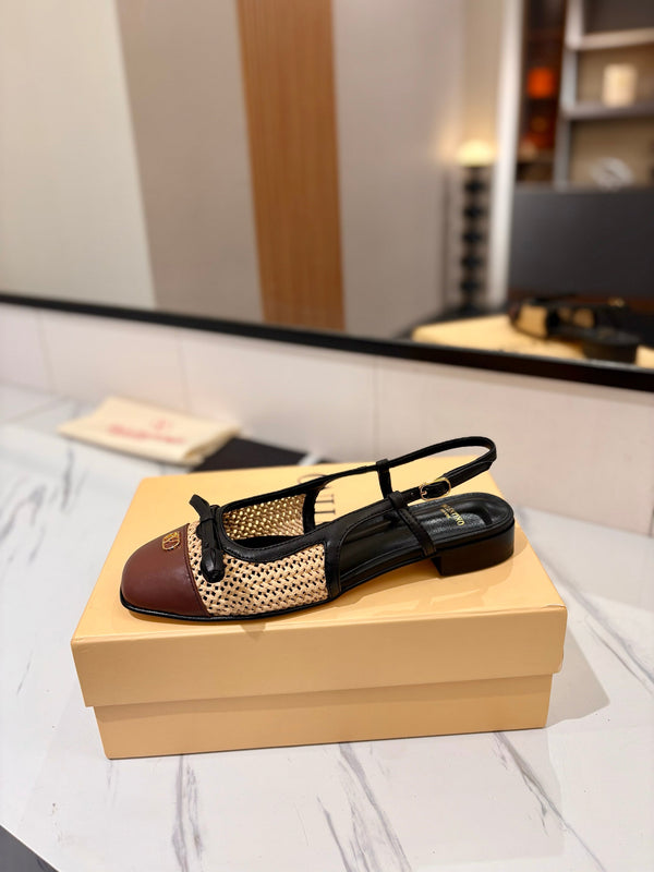 VLTN 26s Valet Du Roi Slingback Flats Black Brown Raffia Leather 985454