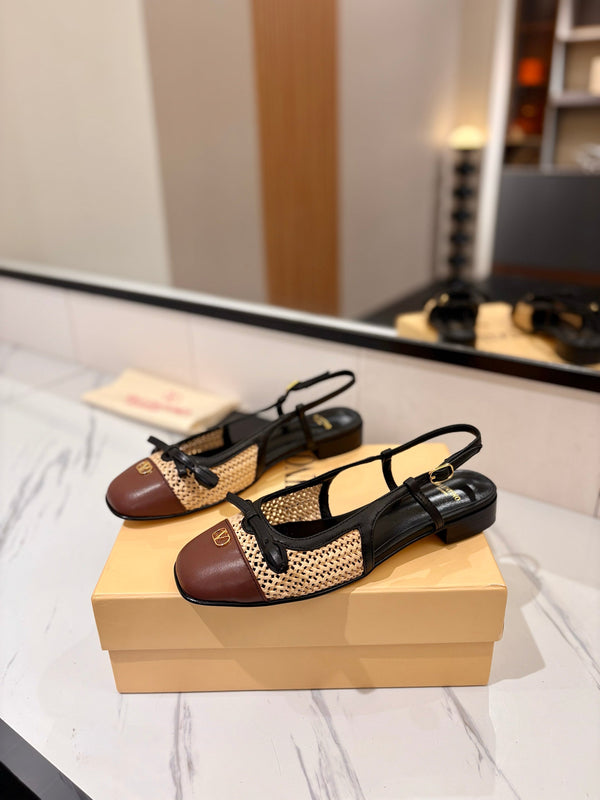 VLTN 26s Valet Du Roi Slingback Flats Black Brown Raffia Leather 985454