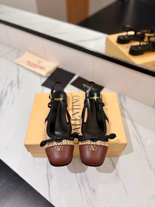 VLTN 26s Valet Du Roi Slingback Flats Black Brown Raffia Leather 985454