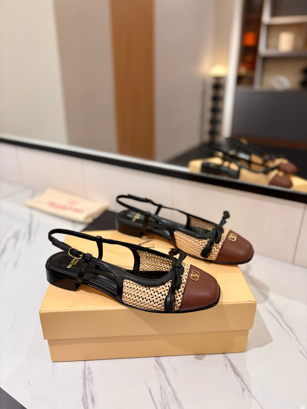 VLTN 26s Valet Du Roi Slingback Flats Black Brown Raffia Leather 985454