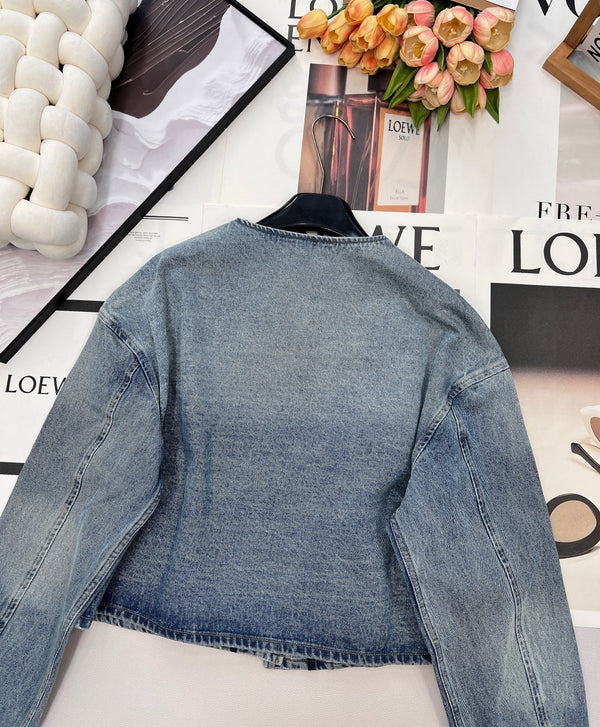 Prada 2025 Three-button Triangle Logo Denim Cropped Jacket Blue Cotton