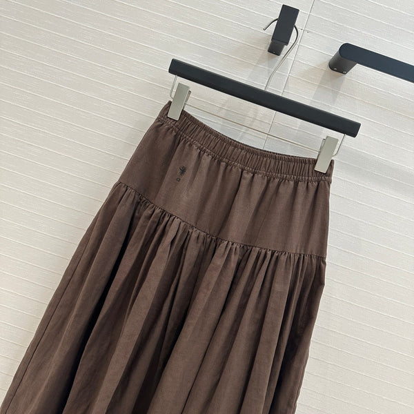CD Pleated Long Skirt Brown Linen