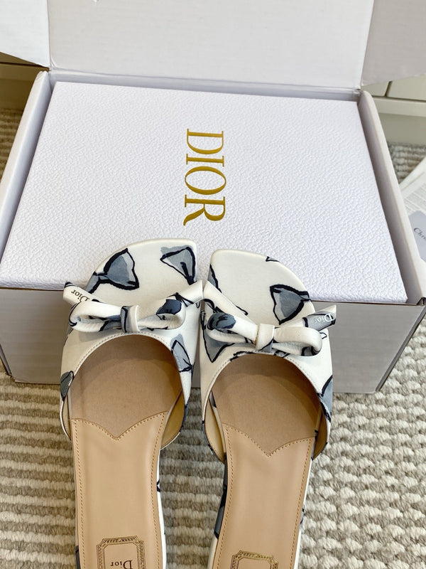 CD 26s Bow Kitten Flat Open Back Sandals White Blue Lambskin 909652