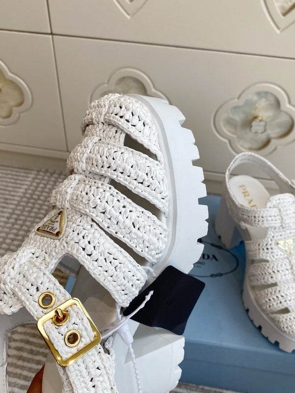 Prad 26s Fisherman Platform Sandals 8.5cm White Raffia 122237