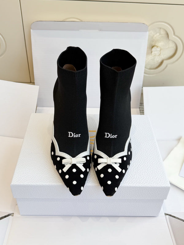 CD 26s Knit Sock Ankle Boots Black Polka Dot Knit Velvet 122079