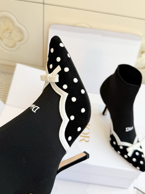 CD 26s Knit Sock Ankle Boots Black Polka Dot Knit Velvet 122079
