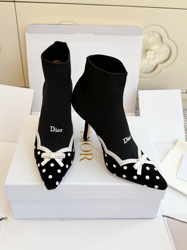 CD 26s Knit Sock Ankle Boots Black Polka Dot Knit Velvet 122079
