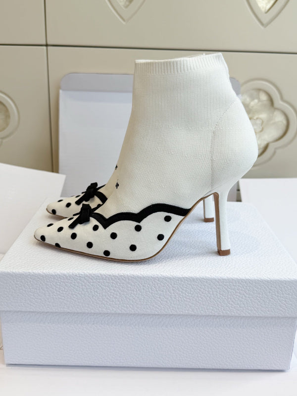 CD 26s Knit Sock Ankle Boots White Polka Dot Knit Velvet 122080