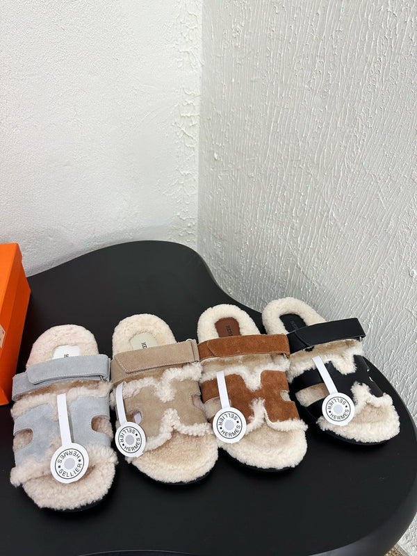 HM Chypre Sandal In Black White Lambskin And Fleece Lining 961138
