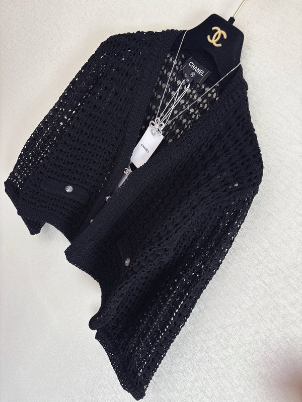 Chanel 2025 Hollow Cardigan Black Cotton 329411