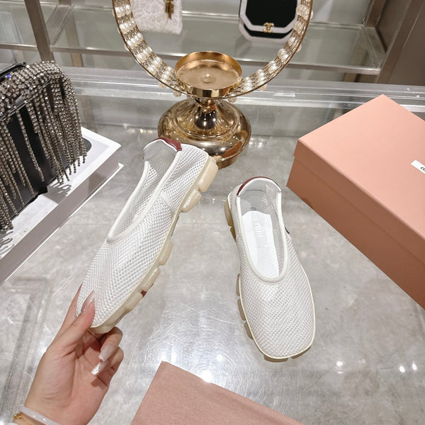 Miu Ballerinas White Brown Technical Mesh Leather 751307