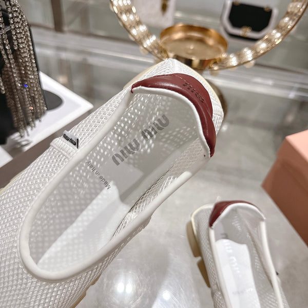 Miu Ballerinas White Brown Technical Mesh Leather 751307