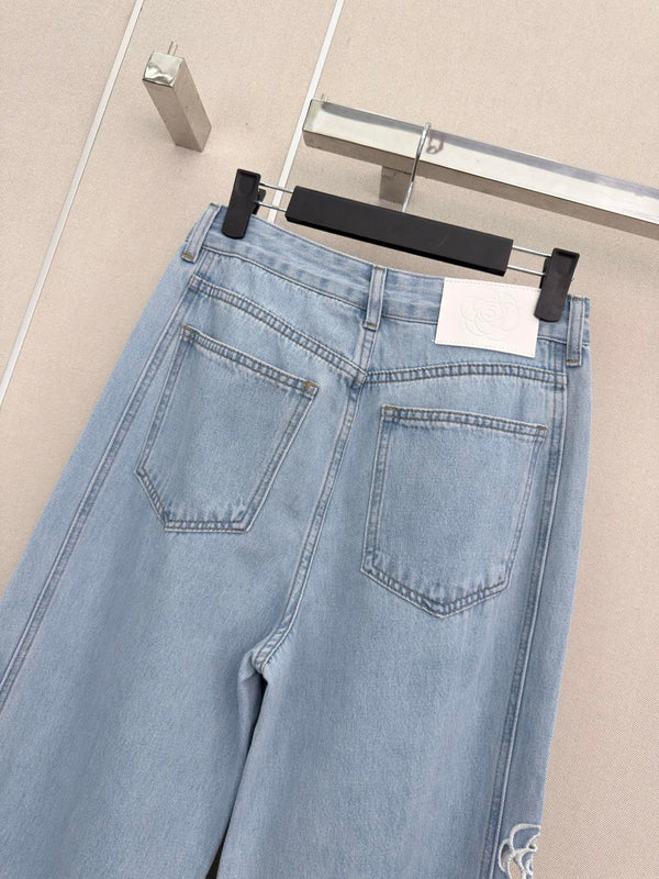 CC 26s Camellia Lace Straight-Leg Pants Washed Blue Denim 407854