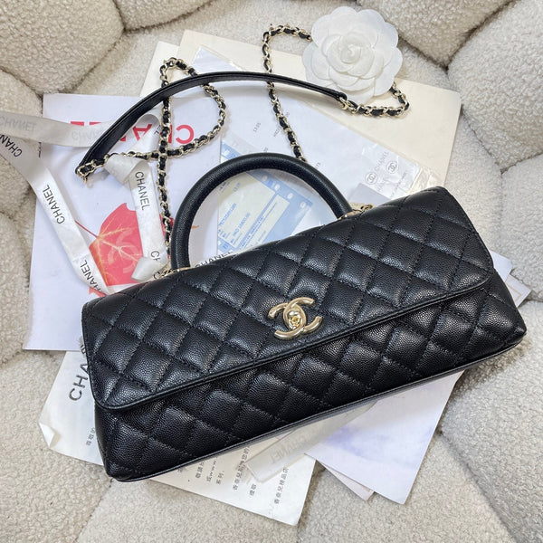 CC 26P Horizontal Coco Handle 30cm Black Quited Caviar Leather Light Gold 286342