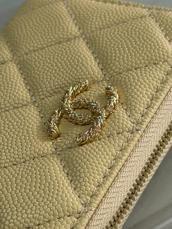 CC 26P Zipper Card Holder Yellow Quited Caviar Leather
