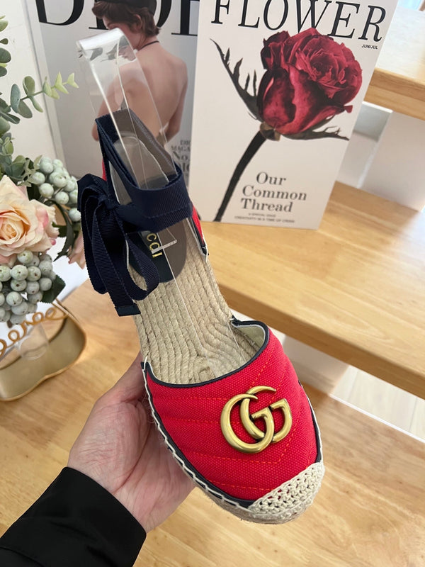 GG 26ss Platform Wedge Sandals 10cm Red Straw Canvas 692206