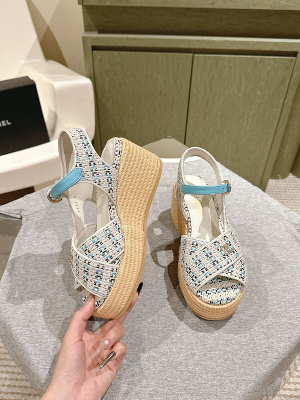 CC 25ss Espadrille Sandals 85mm Light Blue Colorful Tweed Cowhide 462244