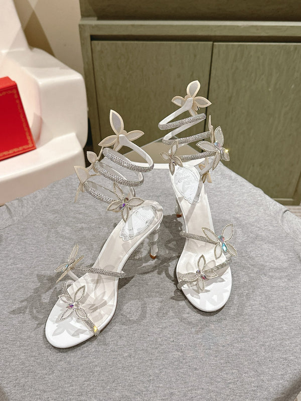 RC 25 Butterfly High-Heeled Sandals White Silk Rhinestones