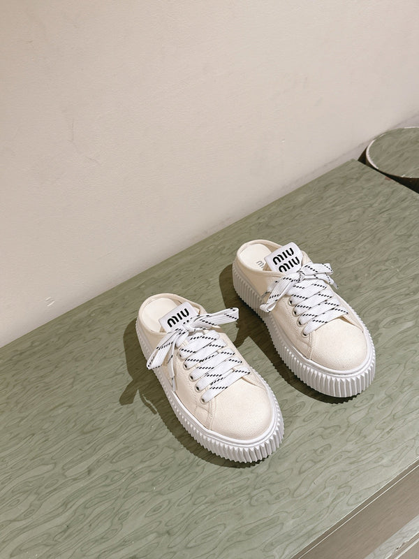 Miu Miu Biscuit Shoes Platform Mules Cream Denim Canvas 532871