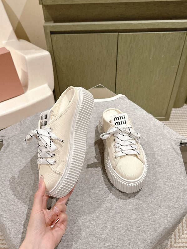 Miu Miu Biscuit Shoes Platform Mules Cream Denim Canvas 532871