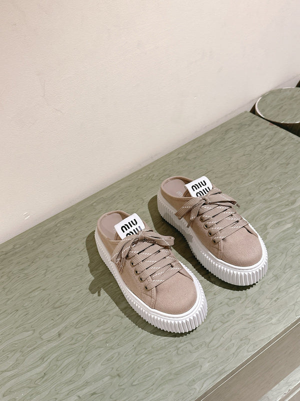 Miu Miu Biscuit Shoes Platform Mules Beige Denim Canvas 532873