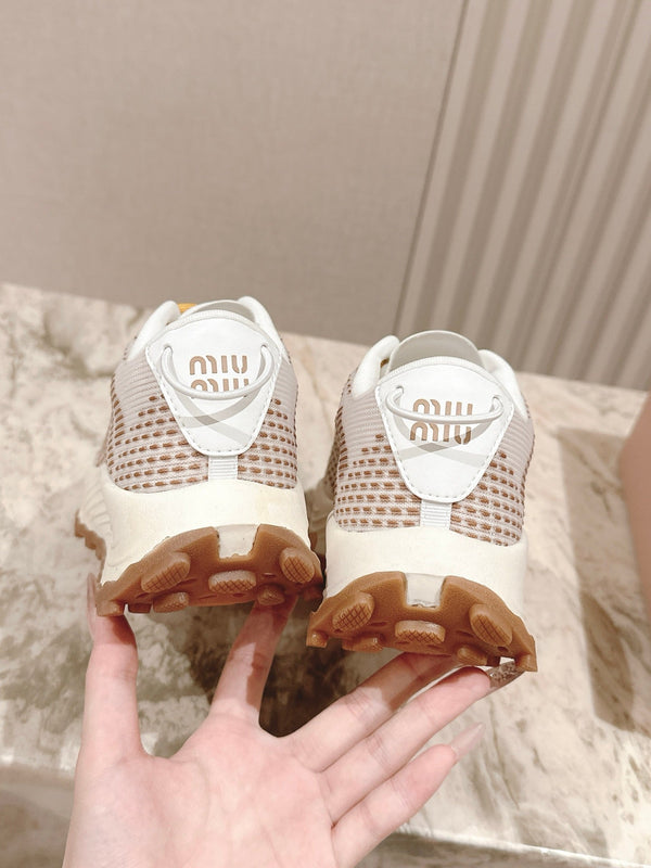 Miu Technical Sneakers White Light Brown Cowhide Fabric 445810