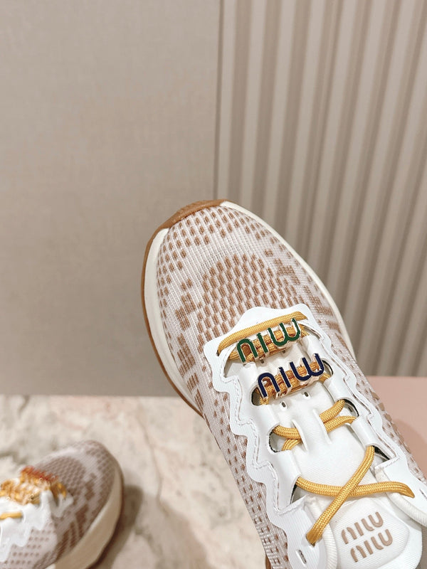 Miu Technical Sneakers White Light Brown Cowhide Fabric 445810