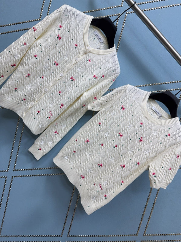 CD SS26 Set Dioramour Embroidered Cardigan Short-Sleeved Sweater Ecru Cashmere 351370
