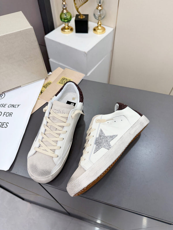 Golden Goose 26s Superstar Sneakers White Sliver Burgundy Glitter Leather 735893