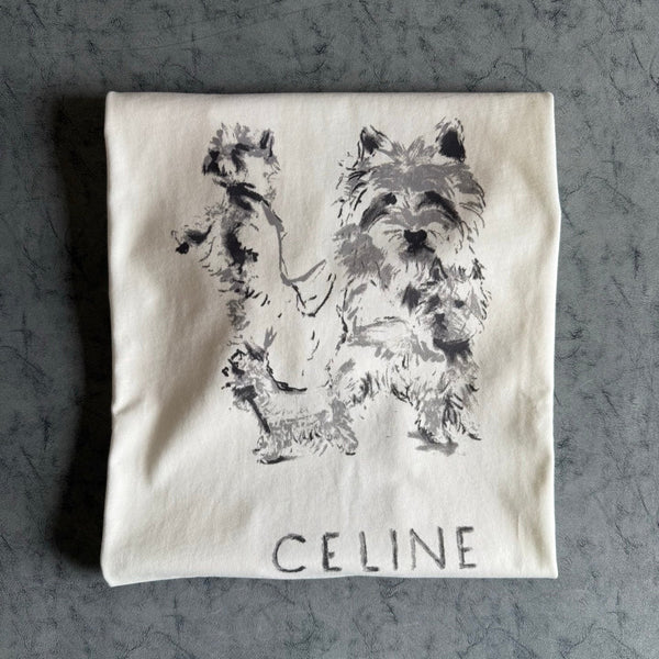 Celine SS26 Unisex Puppy Print Short-Sleeve Tee White Cotton 350474