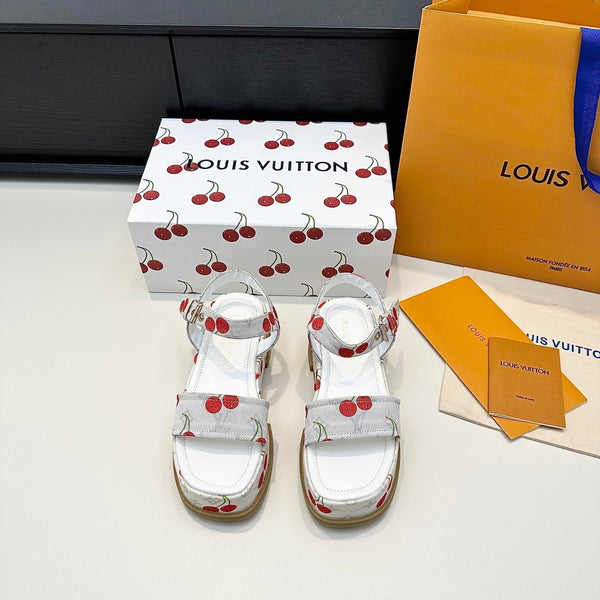 LV Maya Platform Sandals Cherry Motif 6cm White Cowhide Denim 572494