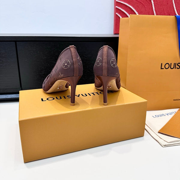 LV GALA High Heels Series Shoes 75mm Dark Rose Taupe Mesh 542215