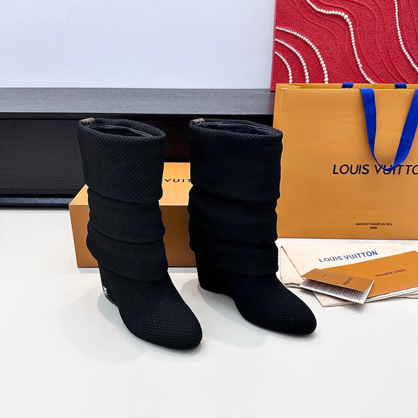 LV CSummer Mid Wedge Boot Black Knit 542224